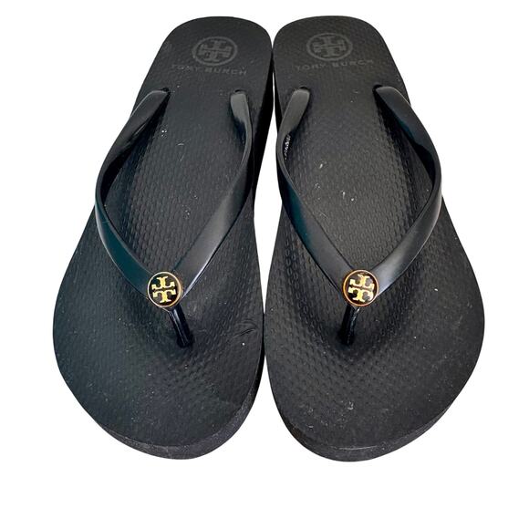 Tory Burch Black Platform Wedge Sandals w/ Gold Logo 8.5 - Picture 2 of 7